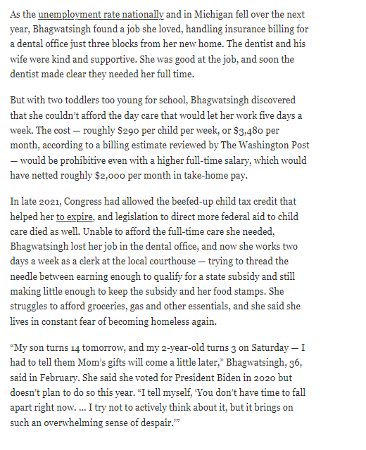 The story of Amber Bhagwatsingh, 36, one of the millions of Americans crushed by rising child care costs. The GOP/Manchin blocked Biden's planned childcare expansion, and costs have surged in Michigan washingtonpost.com/business/2024/…