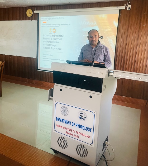 Dr. Niranjan Kumar, Scientist-E, of @ncmrwfmoes delivered a keynote on 'Improving Hydroclimatic Extremes in NWP Models through Statistical Approaches' at the STAMBH Workshop, focusing on  'Exploring Big Data in HydroClimatology' at the Department of Hydrology, IIT Roorkee.