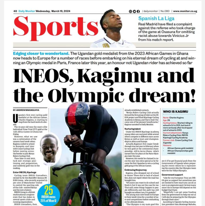 Hi @MarkSsali. Guess who 😊! Our very own, the African Games cycling 🥇 medalist, @kagimu_charles! Thanks for the heads-up 😉. His story with Jim Ratcliffe's #INEOS & Eliud #Kipchoge Cycling Academy in today's @DailyMonitor (Frame 2). And oh, he gets The @LegendzMarathon 😅💪🏾