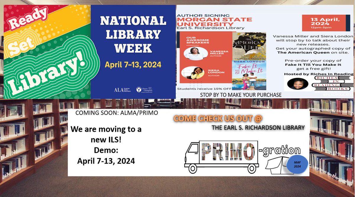 ESRlibrary's tweet image. Come join us at the ESR Library next month for National Library week! Come see some amazing authors for a book signing, as well as trying out our new upgraded system! Can&apos;t wait to see you there! #nationallibraryweek #morganstate #libraries
