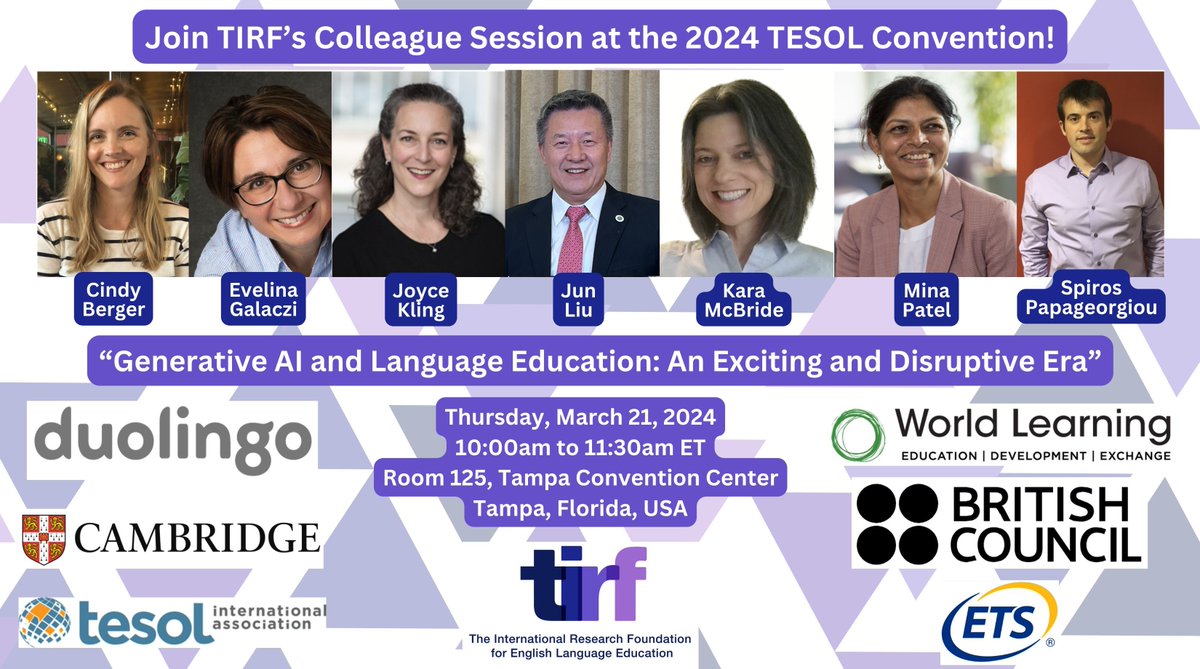 Our session at the TESOL Convention in Tampa is TOMORROW! Join TIRF and its partners at 10am in Room 301 for our panel presentation on genAI! tirfonline.org/tirfs-activiti…
