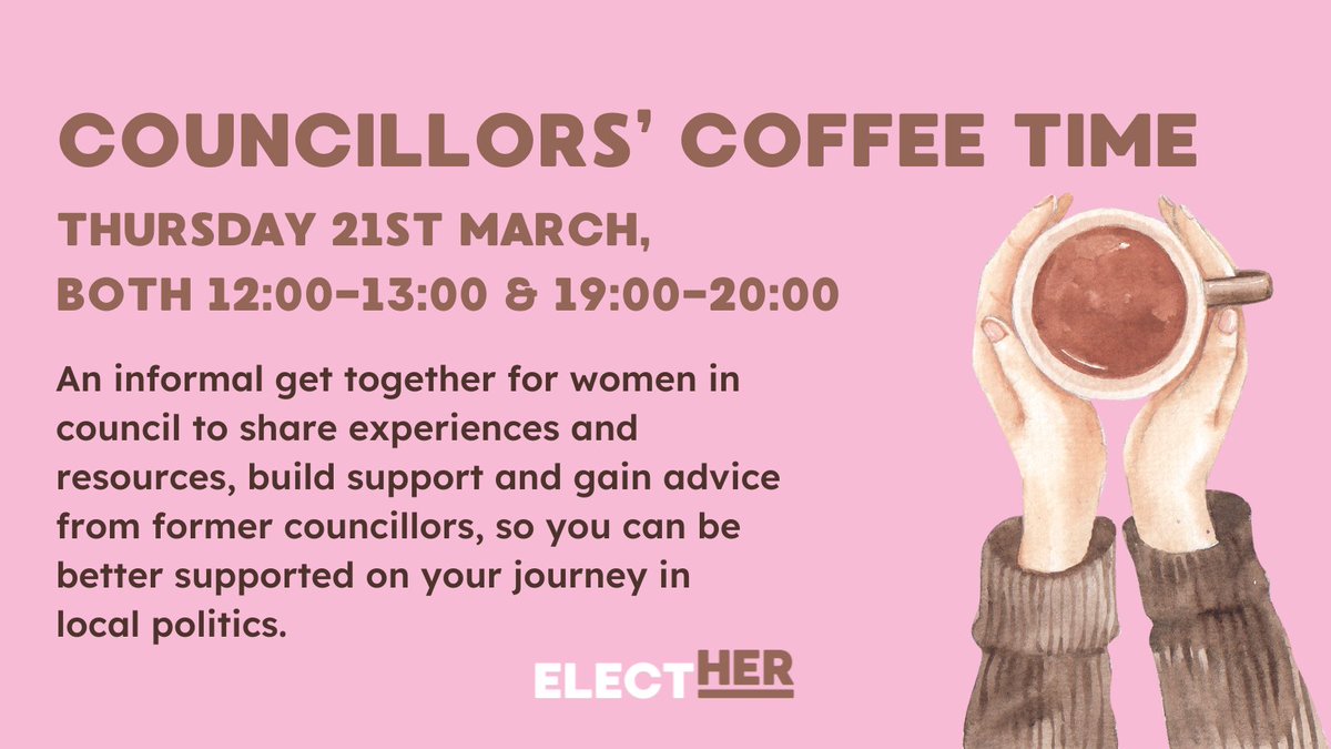 Are you in local elected office and looking for a support network? Join us tomorrow as we bring women in councils across Britain together. We will be sharing challenges, resources and advice in our online session! ⭐New times⭐ 12-1pm or 7-8pm: bit.ly/Cllr-Coffee-Ti…