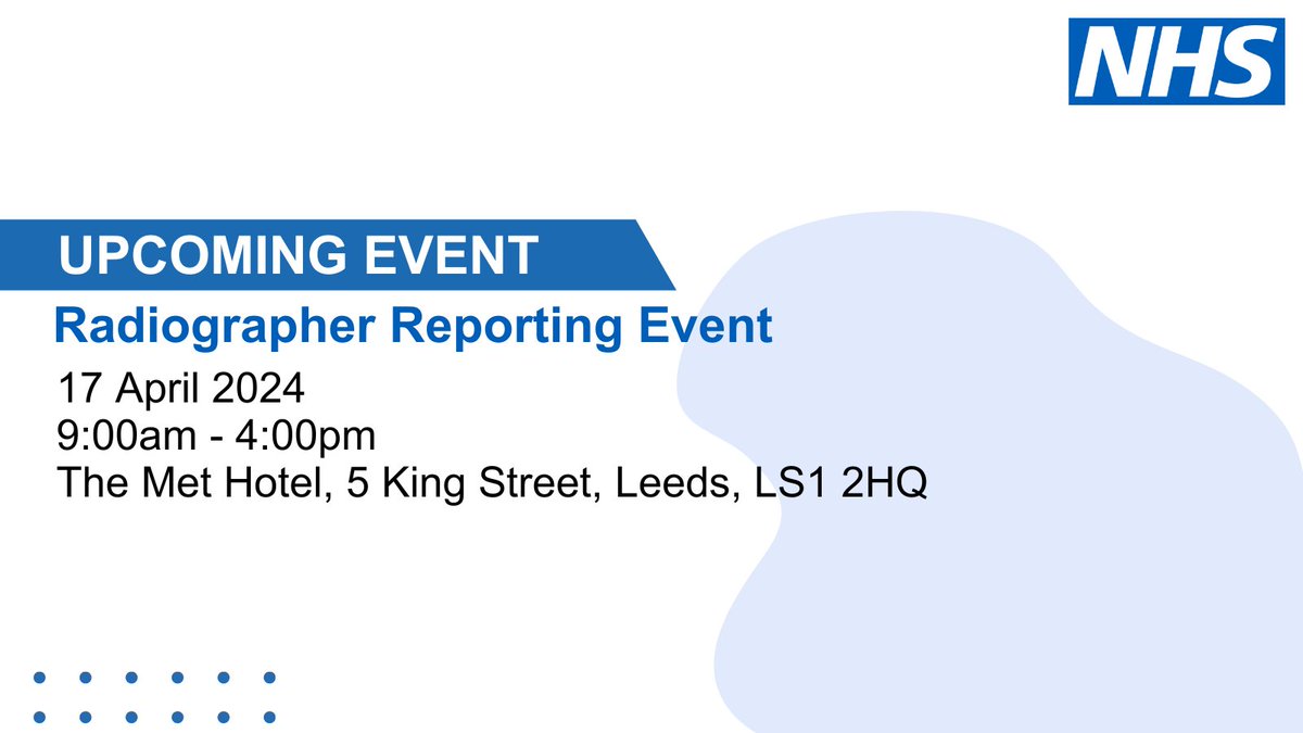 📢Limited places available! The North East and Yorkshire Radiographer Reporting face to face event will be held on 17 April in Leeds. More information and tickets here➡️ events.england.nhs.uk/events/radiogr…