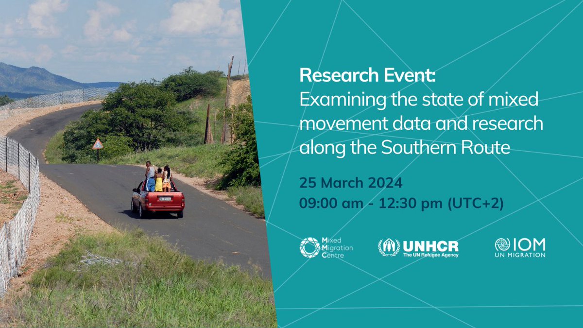 Mixed Migration Centre (@mixed_migration) on Twitter photo 📣 Join our event with UNHCR & IOM! <a href="/UNHCRSouthernAF/">UNHCR Southern Africa</a> <a href="/IOMROpretoria/">IOM South Africa</a> <a href="/RDHRONairobi/">IOM Regional Data Hub (EHSA)</a>
We will have presentations on new research, followed by a discussion on the state of mixed movement data & research along the #SouthernRoute.
🚨 Register by 21 March: us06web.zoom.us/meeting/regist… 📣 Join our event with UNHCR & IOM! <a href="/UNHCRSouthernAF/">UNHCR Southern Africa</a> <a href="/IOMROpretoria/">IOM South Africa</a> <a href="/RDHRONairobi/">IOM Regional Data Hub (EHSA)</a>
We will have presentations on new research, followed by a discussion on the state of mixed movement data & research along the #SouthernRoute.
🚨 Register by 21 March: us06web.zoom.us/meeting/regist…
