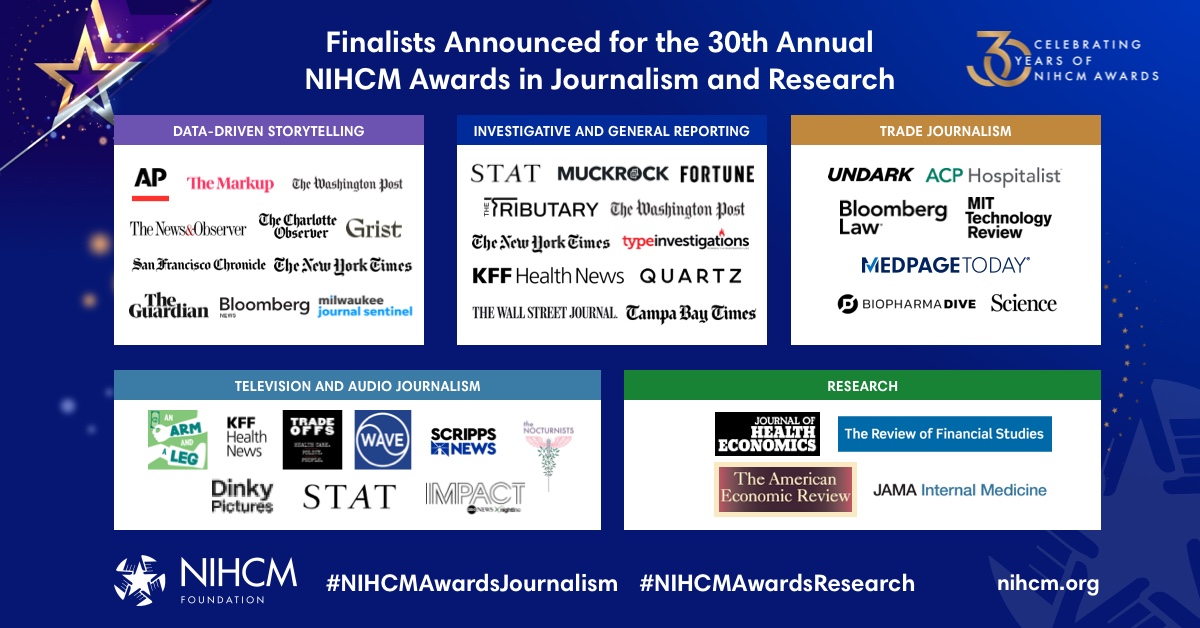 Announcing the finalists for the 2024 NIHCM Awards in Journalism & Research! bit.ly/AwardsFin24 #NIHCMAwardsJournalism #NIHCMAwardsResearch @nytimes @KFFHealthNews @statnews @FortuneMagazine @WSJ @abcnews @Nightline @medpagetoday @washingtonpost @business @AP @GuardianUS