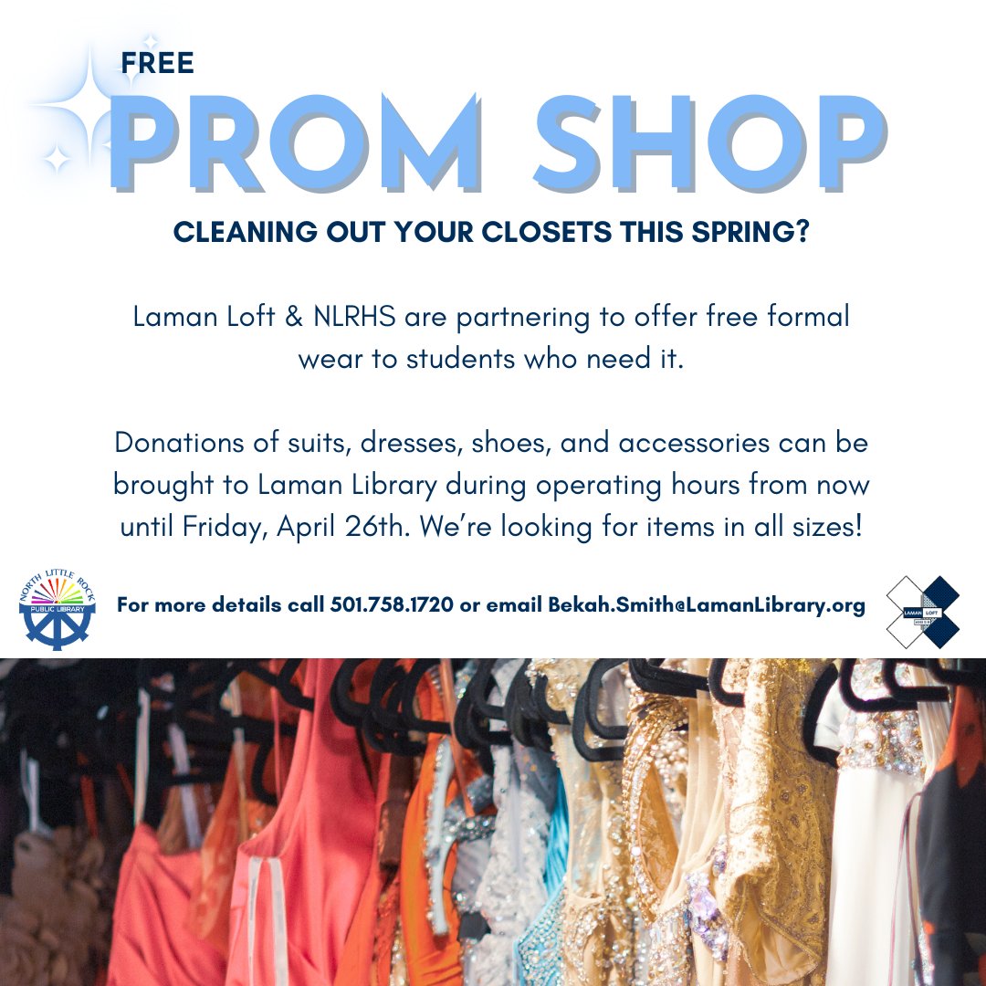 Donate to our Free Prom Shop! We're accepting dresses, suits, shoes, and  accessories at Laman Library until April 26. Questions? Email Bekah at  bekah.smith@lamanlibrary.org for more information! Keep an eye out for