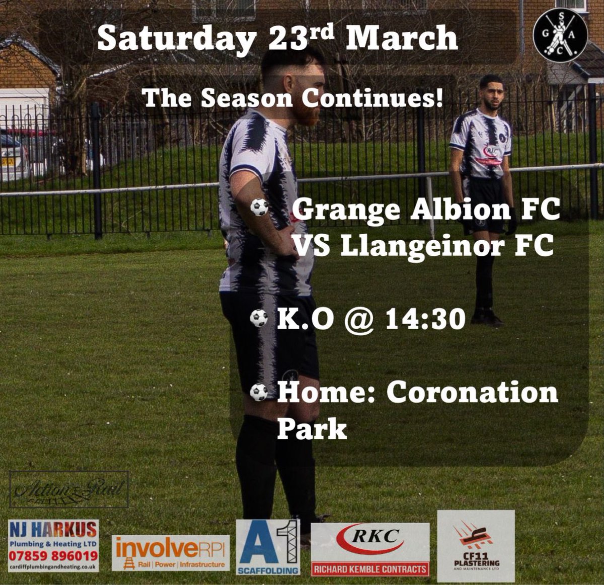 Grange Albion FC (@grangealbion) on Twitter photo ⚫️⚪️⚽️1st Team⚽️⚪️⚫️
🆚 | <a href="/LlangeinorFC/">Llangeinor FC</a>
🗓️ | Sat 23rd March
⏰ | 2:30pm KO
🏟️ | Coronation Park
🏆 | @SWALInfo
cardiffplumbingandheating.co.uk
Leckwithbuildingsupplies.co.uk
Richardkemblecontracts.co.uk ⚫️⚪️⚽️1st Team⚽️⚪️⚫️
🆚 | <a href="/LlangeinorFC/">Llangeinor FC</a>
🗓️ | Sat 23rd March
⏰ | 2:30pm KO
🏟️ | Coronation Park
🏆 | @SWALInfo
cardiffplumbingandheating.co.uk
Leckwithbuildingsupplies.co.uk
Richardkemblecontracts.co.uk