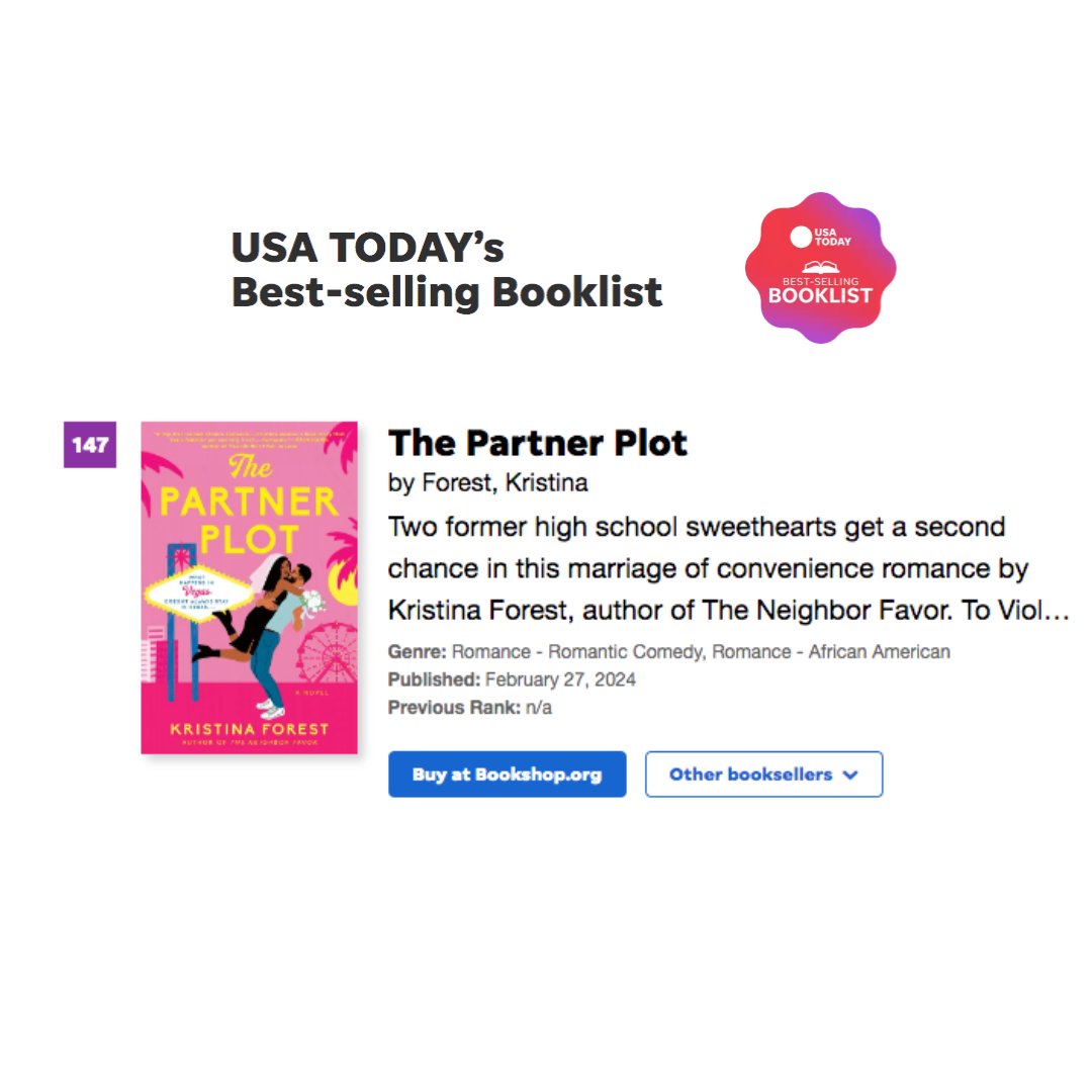 KristinaForest's tweet photo. The Partner Plot is a USA Today Bestseller!!! Thank you @BerkleyRomance @BerkleyPub @angelakim_ @saraagent and everyone who has bought/read/talked about this book!!! 🥹🩷 https://t.co/zVBvVbCYAi