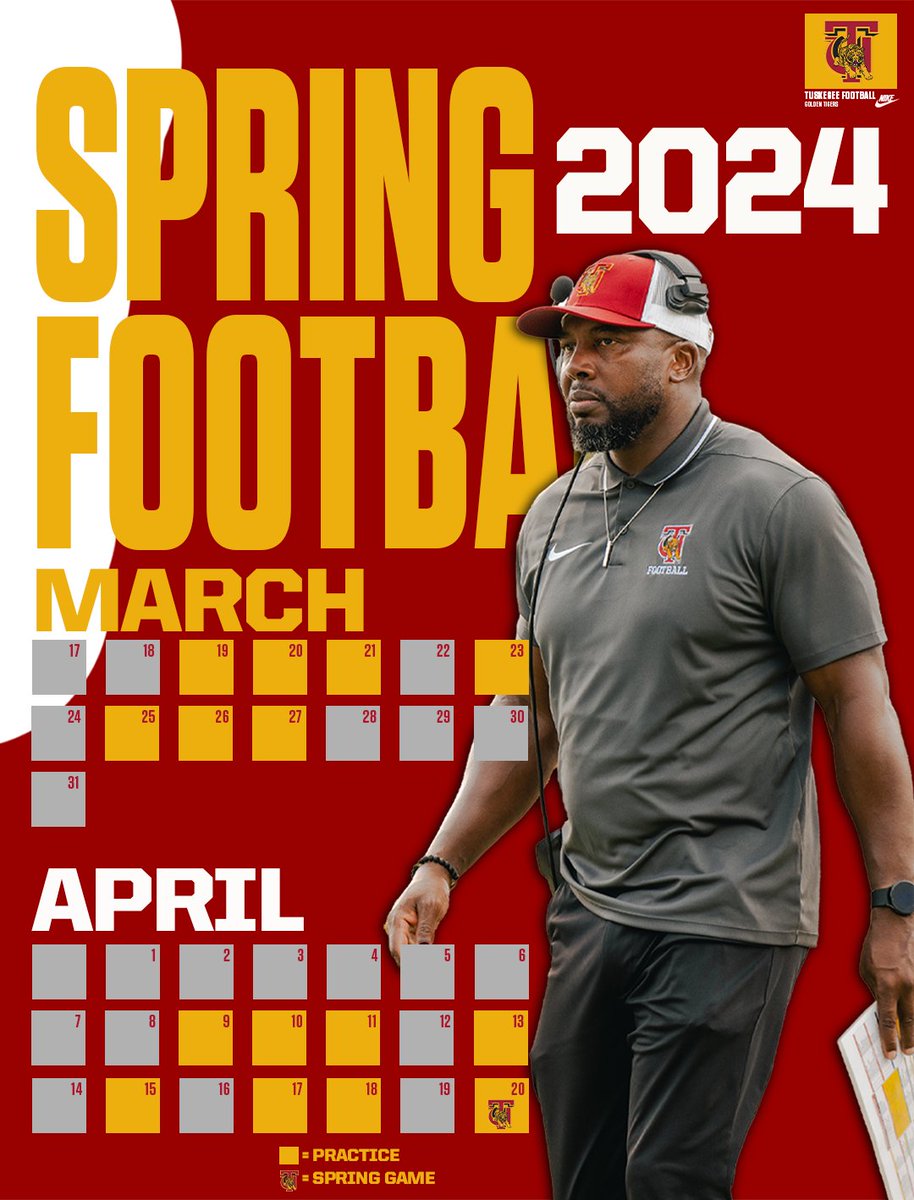 Spring Practice Schedule is out! The 2024 season starts now! #SkegeeFB l #MyTUAthletics l #SpringPractice
