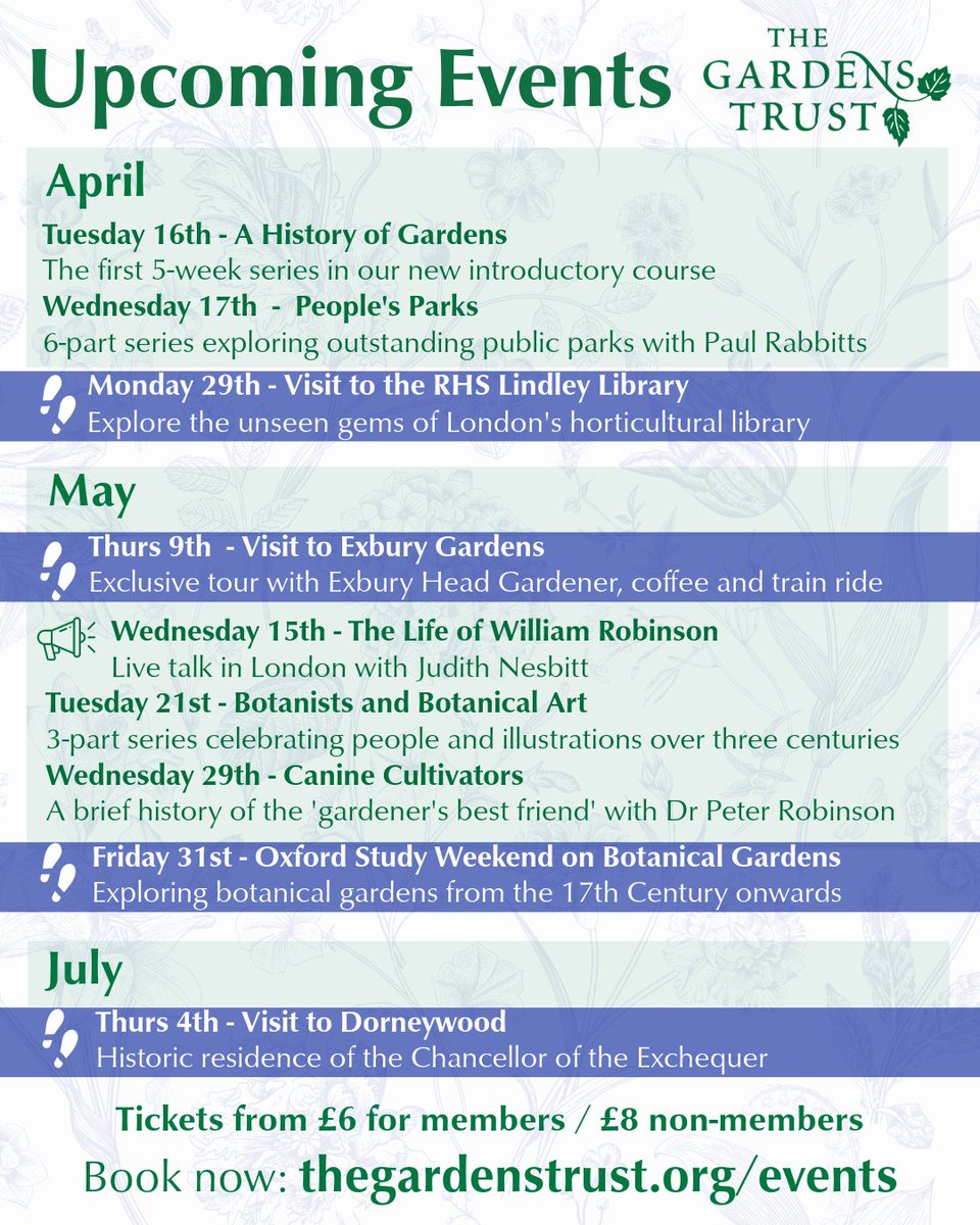 Botanical illustrations, garden tours, dogs, trains & more!🚂🌷🐕 Head over to our website to explore our fantastic range of upcoming online and in-person #events 👇 Tickets start at just £6 thegardenstrust.org/events