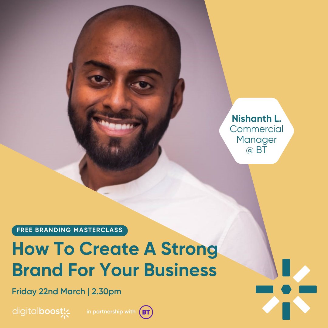 We are SO excited for this #DigitalBoost Masterclass with Nishanth from @BTBusiness 🥳 If you're working on your #brand, or you're curious to learn some tips and tricks to spice up your #branding, you can register for this #Masterclass for FREE here👇 eu1.hubs.ly/H08ckDt0