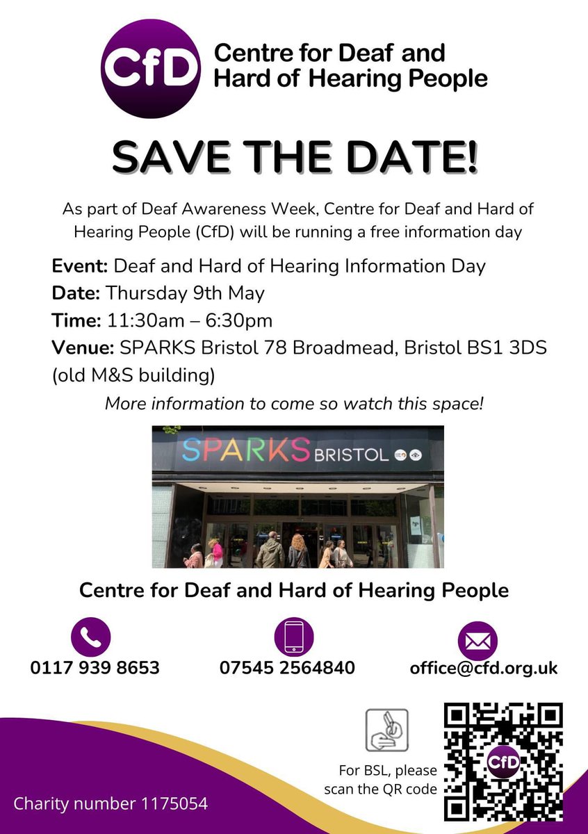 Looking forward to supporting this event along with @SironaCIC & @uhbwNHS to provide health & access information. This information day is for all Deaf & Hard of Hearing People. Pop it in your diaries 9th May 11:30am - 6:30pm at SPARKS in Broadmead. Thank you @CfDHoH 🙌