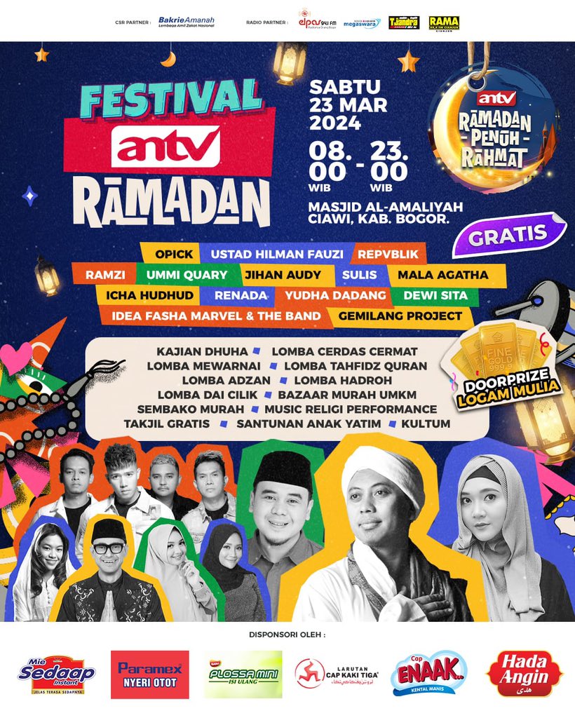 🎉 FESTIVAL ANTV RAMADAN 🎉 Warga Ciawi, Bogor dan sekitarnya. Yuk rame-rame datang ke Festival ANTV Ramadan hari Sabtu, 23 Maret Jam 08.00-23.00 WIB di Masjid Al-Amaliyah Ciawi, Kab. Bogor. Banyak keseruan dan hiburan, bisa ketemu artis, dan bawa pulang doorprize logam mulia.…