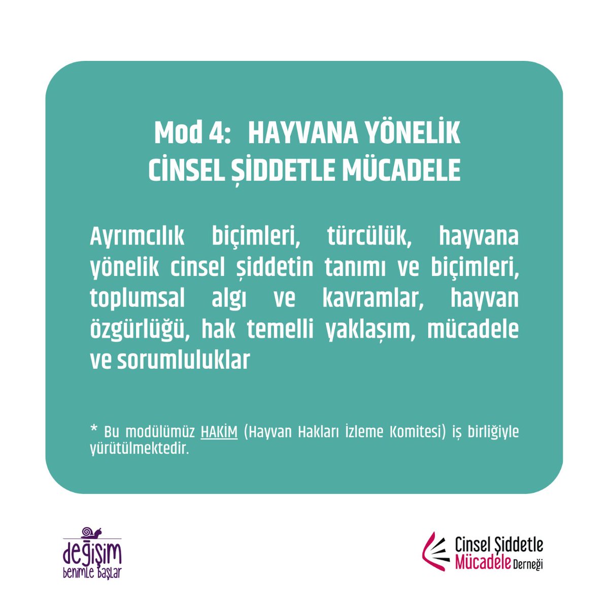 'Değişim Benimle Başlar' atölyeleri kapsamında @hakim_komite ile işbirliğinde yürüttüğümüz 'Hayvana Yönelik Cinsel Şiddetle Mücadele' modülümüze başvurmak için: bit.ly/dbb_atolye_bas… #DeğişimBenimleBaşlar #HayvanaYönelikCinselŞiddet #CinselŞiddetleMücadele #CinselŞidet