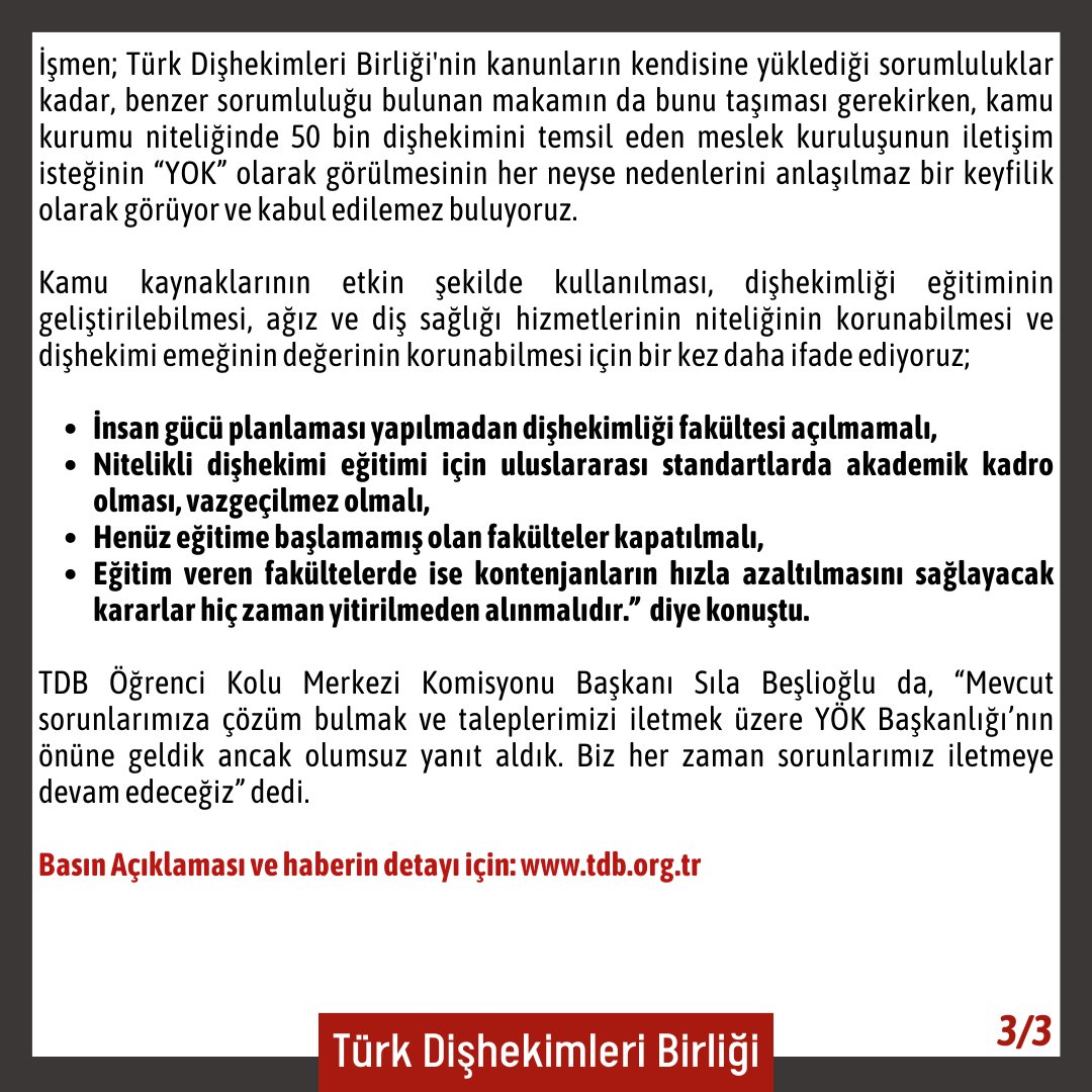 YÖK, TÜRK DİŞHEKİMLERİ BİRLİĞİ’NE RANDEVU VERMİYOR
tdb.org.tr/icerik_goster.…

#türkdişhekimleribirliği  #dişhekimliği #tdböğrencikolu #gencdishekimleri #fdi #BilimselDişhekimliği #WOHD #WOHD24 #worldoralhealthday #dünyaağızsağlığıgünü #20martdünyaağızsağlığıgünü