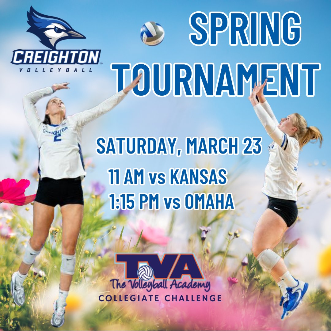 The Bluejays are back in action this weekend for their first Spring Tournament at the TVA Collegiate Challenge!

Date: Saturday, March 23
Times: 11 AM &amp; 1:15 PM
Location: The Volleyball Academy in La Vista

Open to the public - $7 per person

Can’t wait to see you there! #GoJays