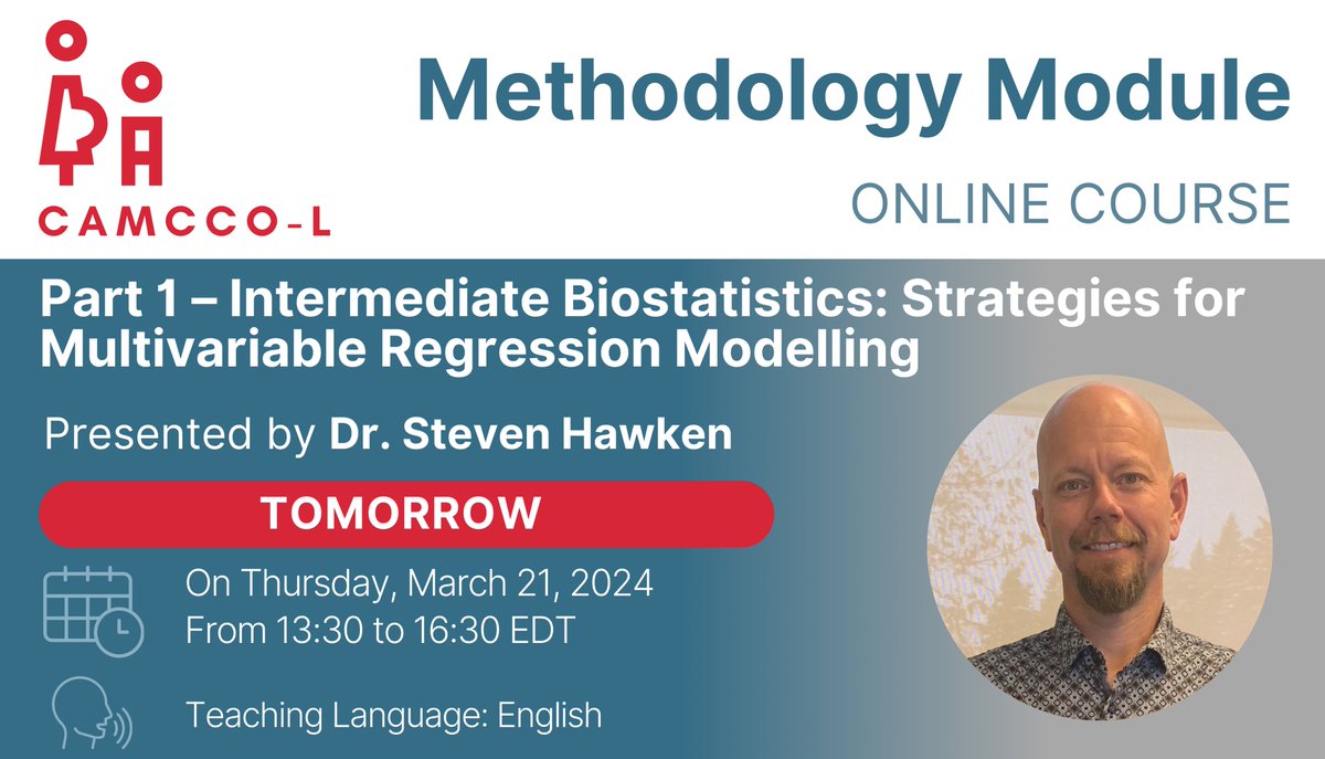 📌 Methodology Module Starting TOMORROW on CAMCCO-L!

Join Dr. Steven Hawken, Associate Professor at @uOttawa, tomorrow at 13:30 EDT for a course looking at Strategies for Multivariable Regression Modelling!

➡️ Info: bit.ly/3wX8QYA
