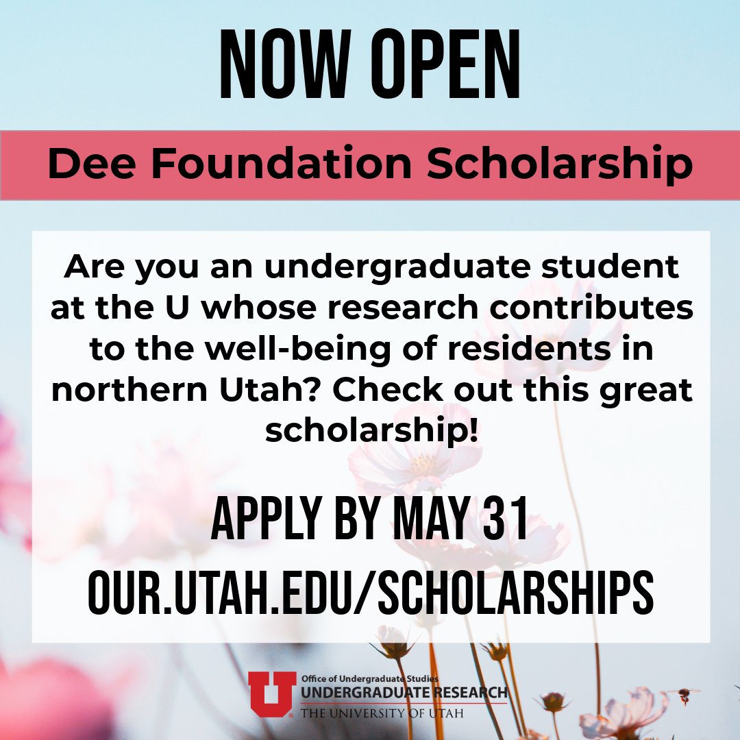 The deadline to apply to the Dee Scholarship is 5/21! This scholarship is meant to support students during a 3rd semester of research as an extension of their UROP work. For more information, visit: our.utah.edu/scholarships @UUtah @UofUUndergrad @UofUResearch