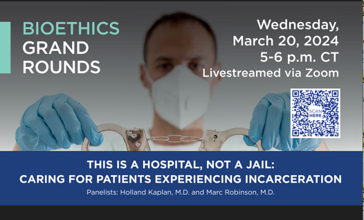 Join us TODAY: 5pmCT for virtual #bioethics grand rounds 'This is a Hospital, not a Jail: Caring for patients experiencing #incarceration' w/ Drs. Robinson & @HollandKaplan. Don't miss this discussion! @BCM_InternalMed @BCMDeptMedicine @harrishealth bcm.zoom.us/webinar/regist…