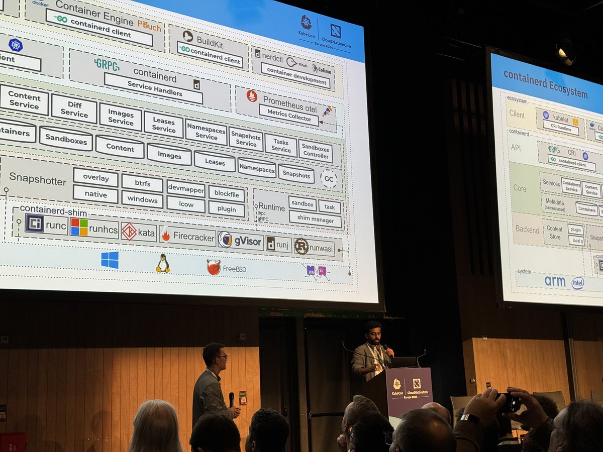 Completely packed room and overflow line out the door for the <a href="/containerd/">containerd</a> maintainer session at #KubeConEU! Thanks to maintainers <a href="/fuweid89/">fw</a> and Akhil Mohan for presenting the update this time.