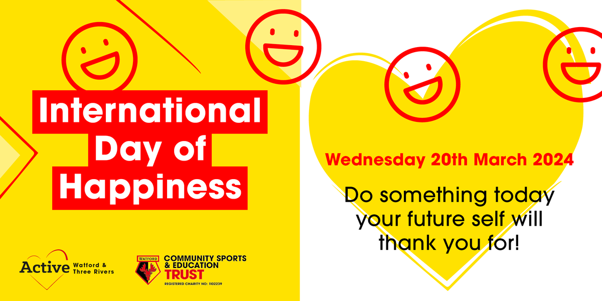 Today is International Day of Happiness!

Did you know? Being physically active can improve your happiness

#HappinessDay #GetActive #Watford #ThreeRivers #InternationalHappinessDay