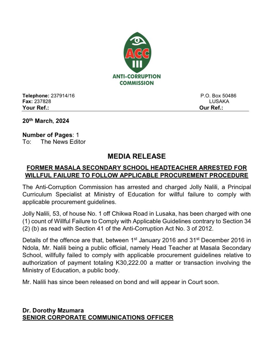 FORMER MASALA SECONDARY SCHOOL HEADTEACHER ARRESTED FOR WILLFUL FAILURE TO FOLLOW APPLICABLE PROCUREMENT PROCEDURE. Click on link to download statement. facebook.com/share/p/9BytMU…