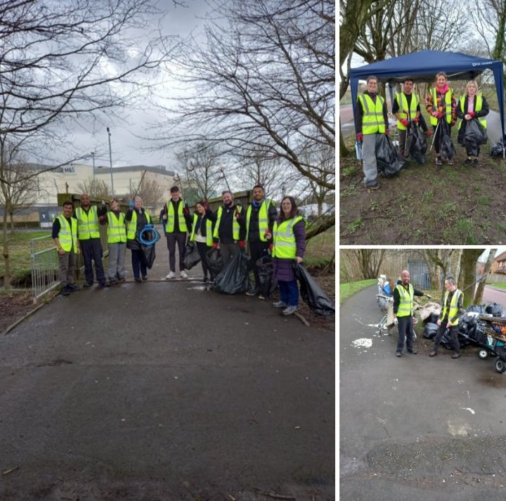 Volunteers from @Barclays , @HelloSanctuary , @UrbanRootsGLA , @glasgowunisrc , @PollokServices came along to our community litter pick at the Brockburn Path today. Great to see so many people helping out in Pollok. Thanks for all your hard work 👊🏽