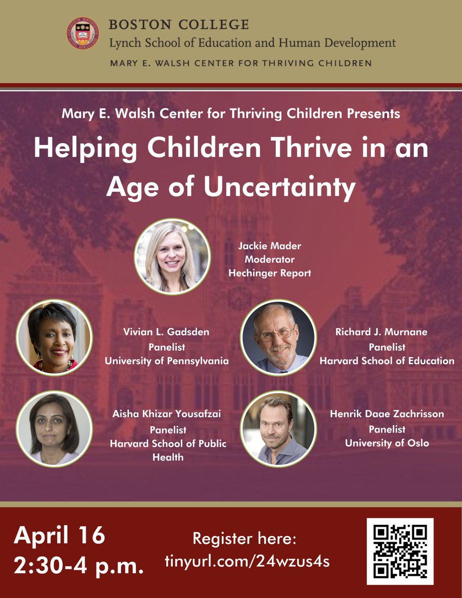 Don't miss this virtual panel hosted by the Mary E. Walsh Center for Thriving Children at @bclynchschool on April 16th! Explore how to help children thrive amidst today's uncertainties-from pandemic impacts to technology evolution. Click here to register: bit.ly/4aguJQM