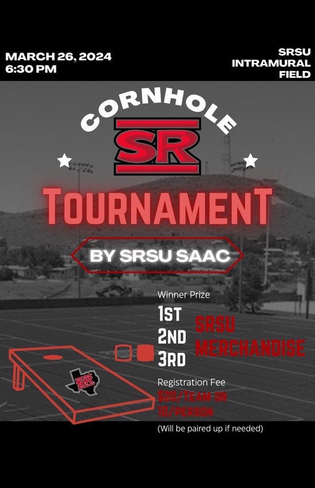 ➡️Come play cornhole and help our Student Athlete Advisory Committee raise money for their end of the year banquet. ⏰Tuesday, March 26 (6:30 p.m.) (Intramural Field) ➡️Prizes will be given for first, second and third place. ✏️Signup: rb.gy/cbgb02