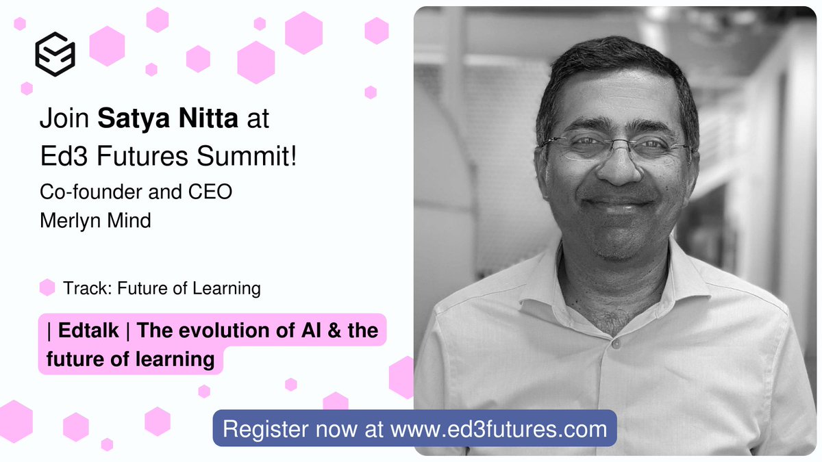 🌟 Thrilled to have Satya Nitta join us as a speaker at the Ed3 Futures Summit! 🎤 Don't miss out, register now! #Ed3FuturesSummit #InnovativeEducation 🚀📚 🔗ed3futures.com