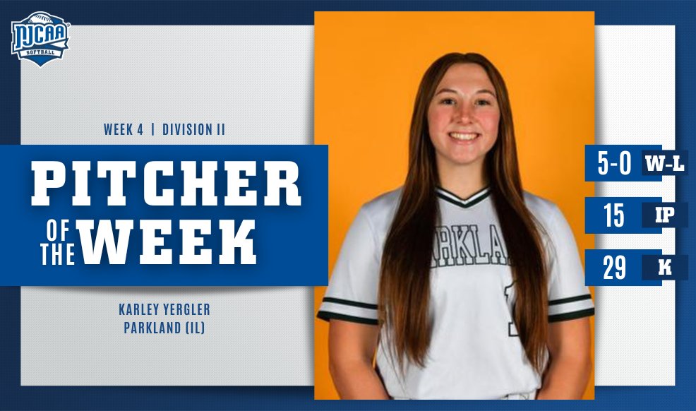 Karley Yergler earned 🖐️🏽 wins inside the circle last week for No. 1 @ParklandCobras! With 29 strikeouts, the sophomore has been named the latest #NJCAASoftball DII Pitcher of the Week. #NJCAAPOTW