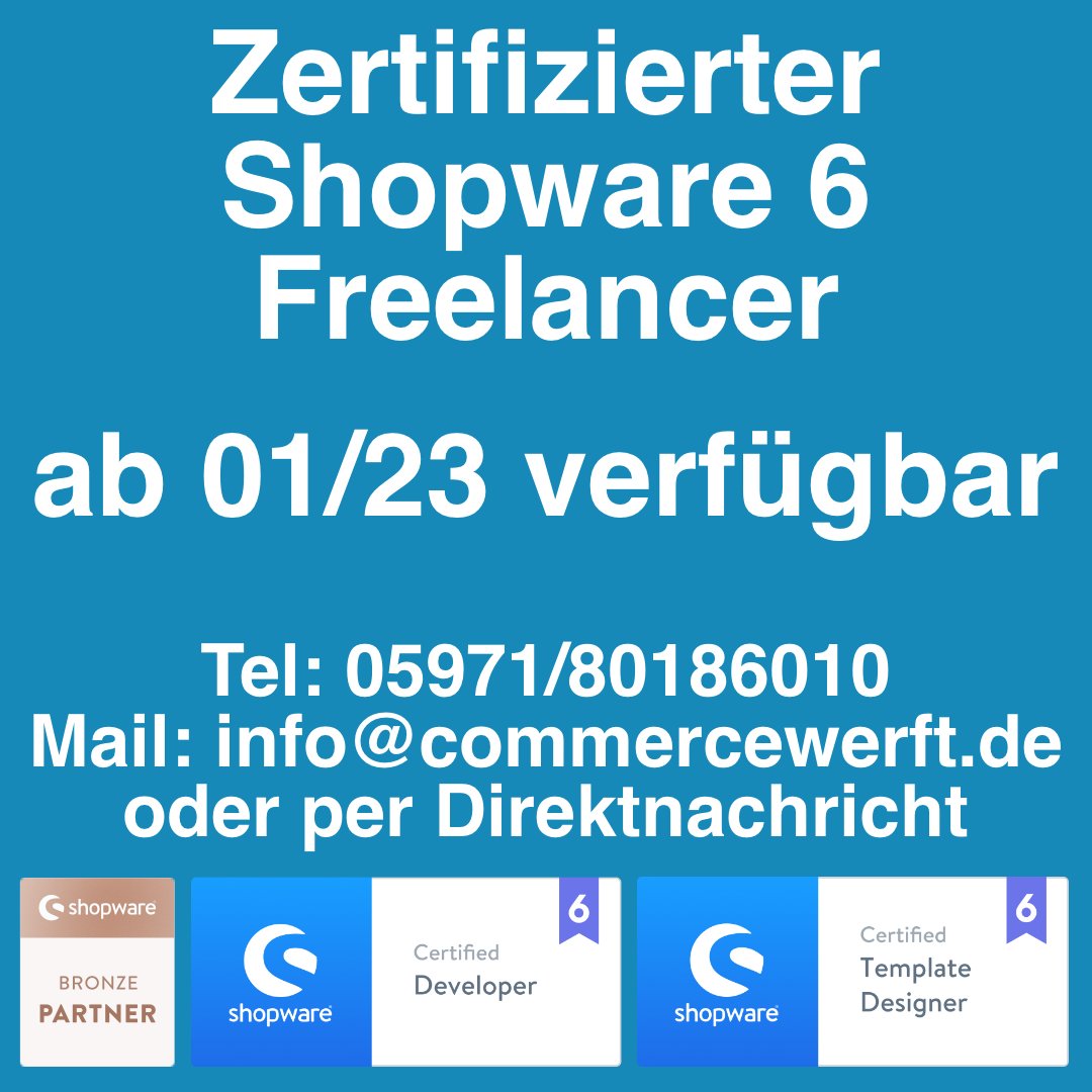In 2019 zertifizierter Shopware 6-Entwickler/Template-Designer hat ab sofort wieder freie Kapazität für neue Projekte.

Im April bin ich 2 Tage/Woche, ab Mai wäre ich dann zu 100% verfügbar.

#shopware #shopware6 #freelancer #entwickler #programmierer #developer #ecommerce