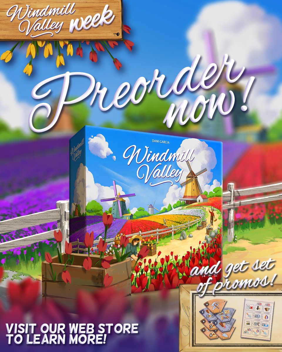 Windmill Valley preorder is finally on! Many of you have expressed interest and excitement about purchasing the game, so here we go! Follow the link boardanddice.com/product/windmi… 
to preorder your copy of the game and get a set of promos!