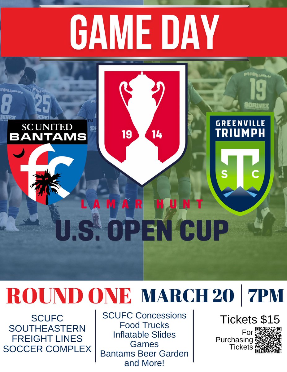 🔥It's GAME DAY!🔥Come support the SC United Bantams as they battle it out against Greenville Triumph in the first round of the Lamar Hunt U.S. Open Cup. Tickets are $15 in advance or $20 at the gate. ⏰7PM 🎟️gofan.co/app/school/SC8… 📍115 Sunbelt Blvd., Columbia #upthebantams