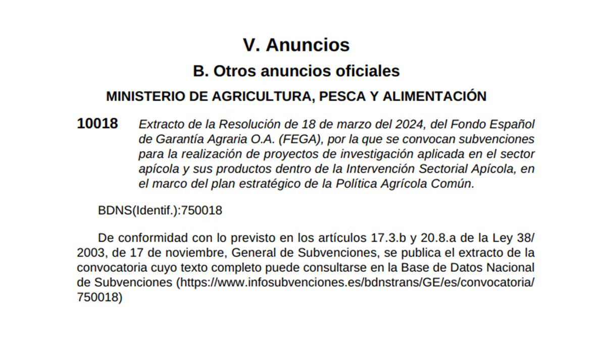 jsalascalvo's tweet image. El @mapagob  convoca ayudas para proyectos de investigación en el sector apícola 🐝🐝. Plazo de presentación de solicitudes desde mañana 21 de marzo hasta el 19 de abril... Extracto de la convocatoria: boe.es/boe/dias/2024/…