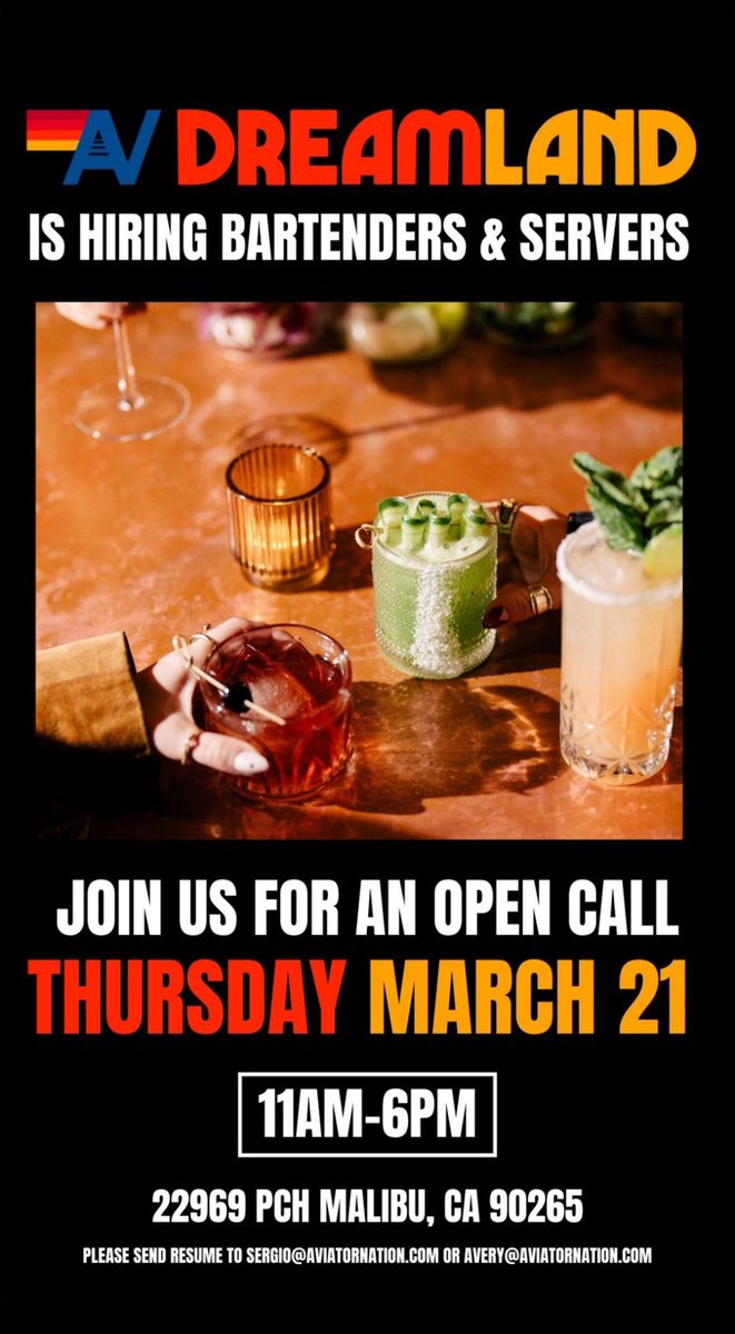 #AviatorNation Dreamland in Malibu is hiring … join us for an open call Thursday March 21st