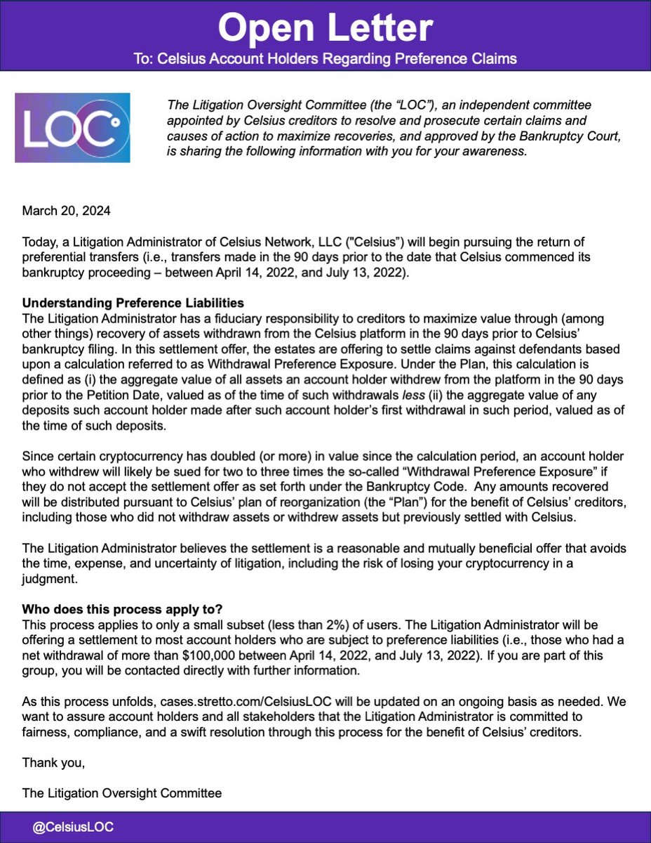 Please take a moment to read the attached open letter to account holders regarding the limited time settlement offer to settle preference liabilities. cases.stretto.com/CelsiusLOC/con… #CelsiusNetwork