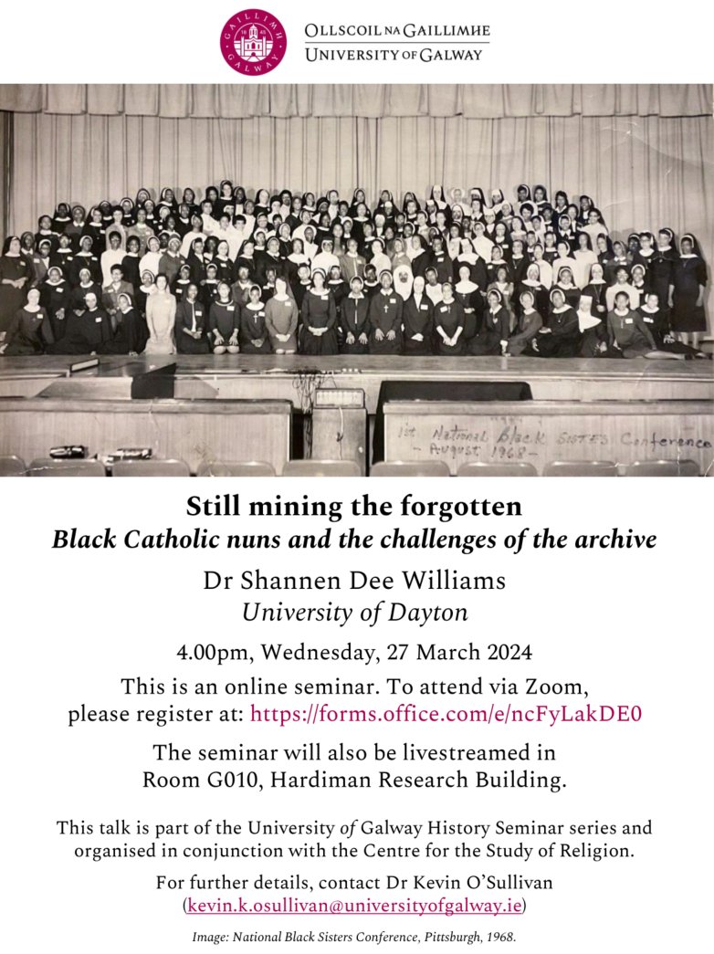 We are delighted to welcome award-winning author @BlkNunHistorian to Galway next week (via Zoom) for our last seminar of the year, in collaboration with @CentreReligion. 4pm, Wed 27 March. Register here for the link: forms.office.com/e/ncFyLakDE0. All are welcome! @edi_uniofgalway