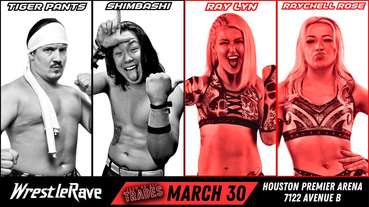 ‼️ 10 DAYS ‼️ DIMITRI vs BATEMAN EPYDEMIUS JR vs LA ESTRELLA KALYPSO vs RJD TIGER PANTS + SHIMBASHI vs RAY LYN + ROSE PLUS 4 MORE MATCHES! LIVE!! SATURDAY MARCH 30 - HOUSTON PREMIER ARENA - 7PM FULL BAR 🍻 BUY TICKETS NOW - wrestlerave.ticketleap.com/jack-of-all-tr…