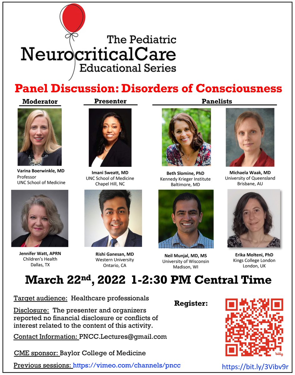 🌟#NeuroPICU Education Series🌟

Join us on Friday for an amazing discussion by international experts!

Pediatric Disorders of Consciousness
Case-based Discussion

🗓️Friday March 22nd, 1-2:30 PM CST
✅Register: bit.ly/3Vibv9r

#PedsICU RT!♥️