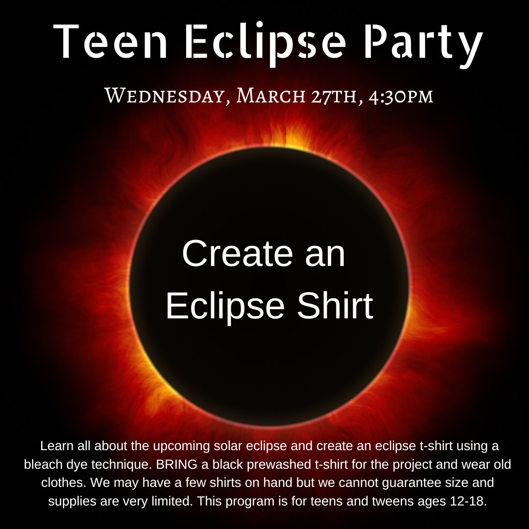 Due to the weather, the Teen Eclipse Party is moving to March 27th at 4:30pm. Tomorrow, will be GOAT: Gaming on a Table at 5pm. You can also attend the Family Fun program on April 1st at 4pm. Register here: bit.ly/49T2JTG