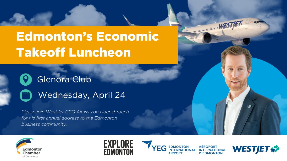 Edmonton's Economic Takeoff, presented by @WestJet is selling tickets fast!✈ We will be joined by Alexis von Hoensbroech, CEO of WestJet for his first annual address to the #yegbusiness community. Reserve your seat here: business.edmontonchamber.com/events/details… @FlyYEG @ExploreEdmonton