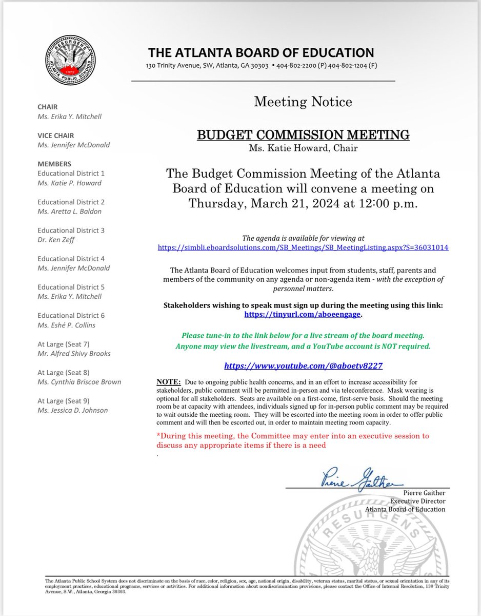 Budget Commission Meeting| Thursday, March 21, 2024| Center for Learning and Leadership (130 Trinity Avenue, Atlanta, Georgia 30303)| 12:00 PM Public Comment Link: tinyurl.com/aboeengage. YouTube Link: youtube.com/@aboetv8227