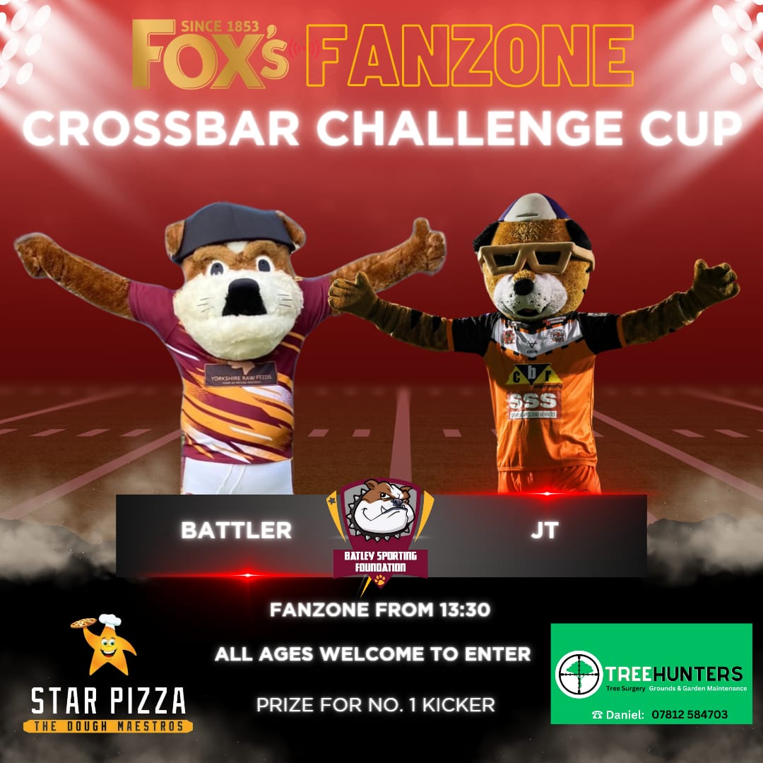 Batley Sporting Foundation (@batleyspf) on Twitter photo 🏉 CROSSBAR CHALLENGE CUP!
Are you up for the Challenge?
Visit us at Fanzone from 1:30pm this Saturday against <a href="/CTRLFC/">Castleford Tigers</a>! Open to everyone!
P.S. <a href="/Battlerdog22/">Battler The Bulldog</a> and <a href="/CastigersJ/">Castigers__JT</a> will be in the Finals of this Challenge! See you then!
🤝 | Star Pizza Birstall and <a href="/Treehunters2014/">Daniel Hunter</a> 🏉 CROSSBAR CHALLENGE CUP!
Are you up for the Challenge?
Visit us at Fanzone from 1:30pm this Saturday against <a href="/CTRLFC/">Castleford Tigers</a>! Open to everyone!
P.S. <a href="/Battlerdog22/">Battler The Bulldog</a> and <a href="/CastigersJ/">Castigers__JT</a> will be in the Finals of this Challenge! See you then!
🤝 | Star Pizza Birstall and <a href="/Treehunters2014/">Daniel Hunter</a>