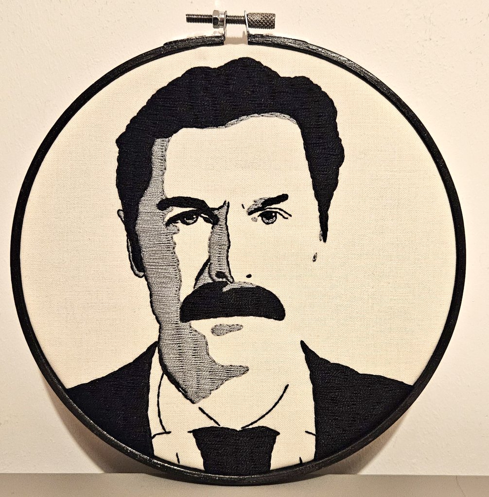purplestrawbs1's tweet photo. I know I said I'd be using more colour in portraits this year but grey is a colour right?! Here's Mike Wozniak, who I continue to get more requests to stitch than ever before (it's the moustache). Brilliant source photography by Matt Stronge. #threebeansalad #embroidery https://t.co/4JX98iI72n