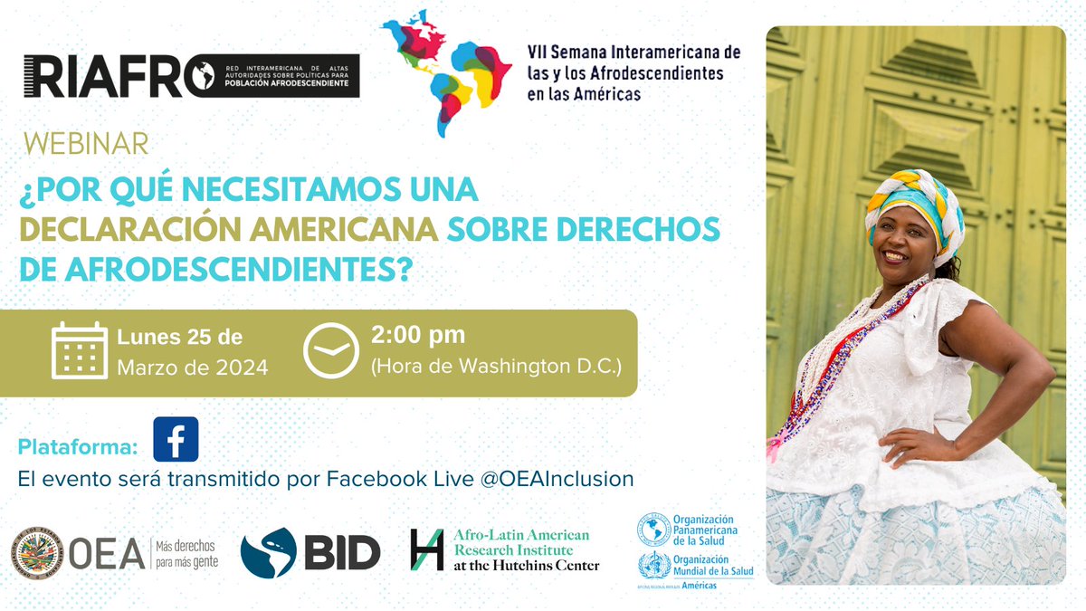 Súmate por #FacebookLive a este webinar donde se abordará la necesidad de contar con una Declaración Americana sobre #Derechos de Afrodescendientes 

🗓️Lunes 25 de Marzo
🕑2pm (EST)
🔗bit.ly/36K6wHA

Organizan #RIAFRO <a href="/el_BID/">Banco Interamericano de Desarrollo</a> <a href="/opsoms/">OPS/OMS</a> @HutchinsCenter @OEA_Inclusion