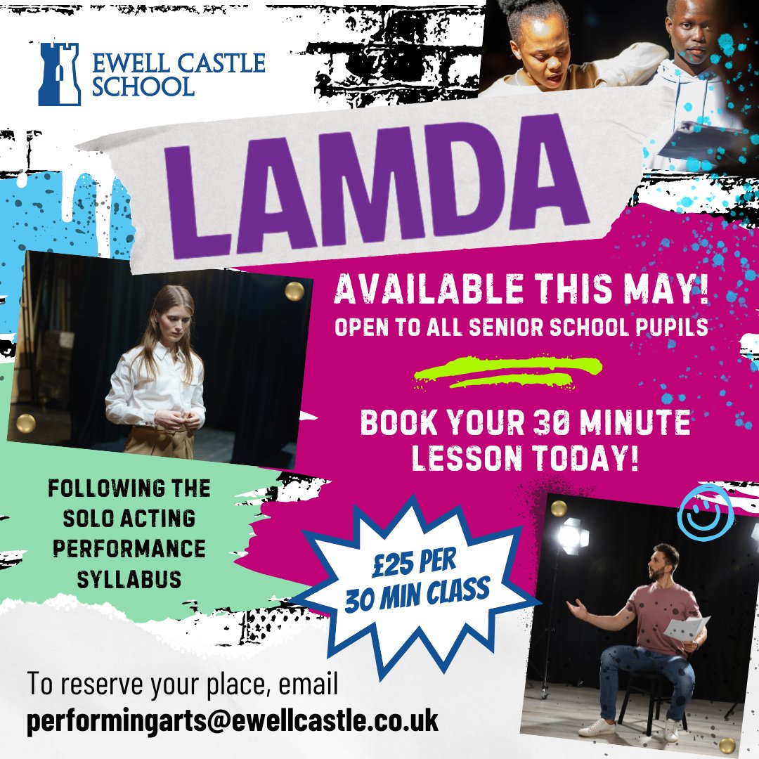 Booking now open to reserve your place for our new LAMDA classes, running during May 2024 at Ewell Castle Senior School. Please email performingarts@ewellcastle.co.uk for further details.