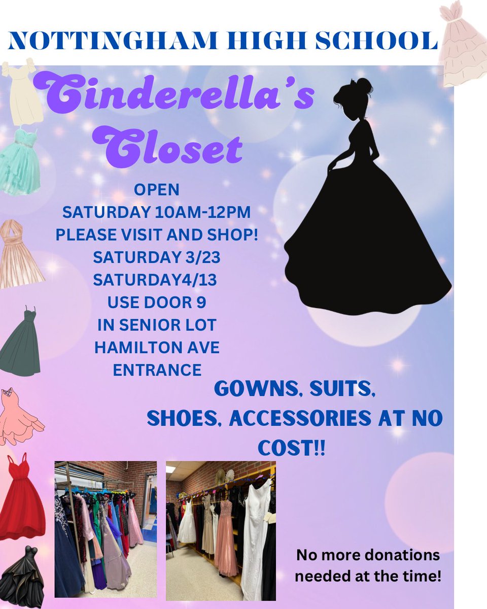 👗In need of prom attire? Nottingham has invited West students to check our their 'Cinderella's Closet', where they have over 100 donated prom dresses, suits, and accessories. Open Saturday mornings. See picture for more information. Thank you @HTSD_nottingham !