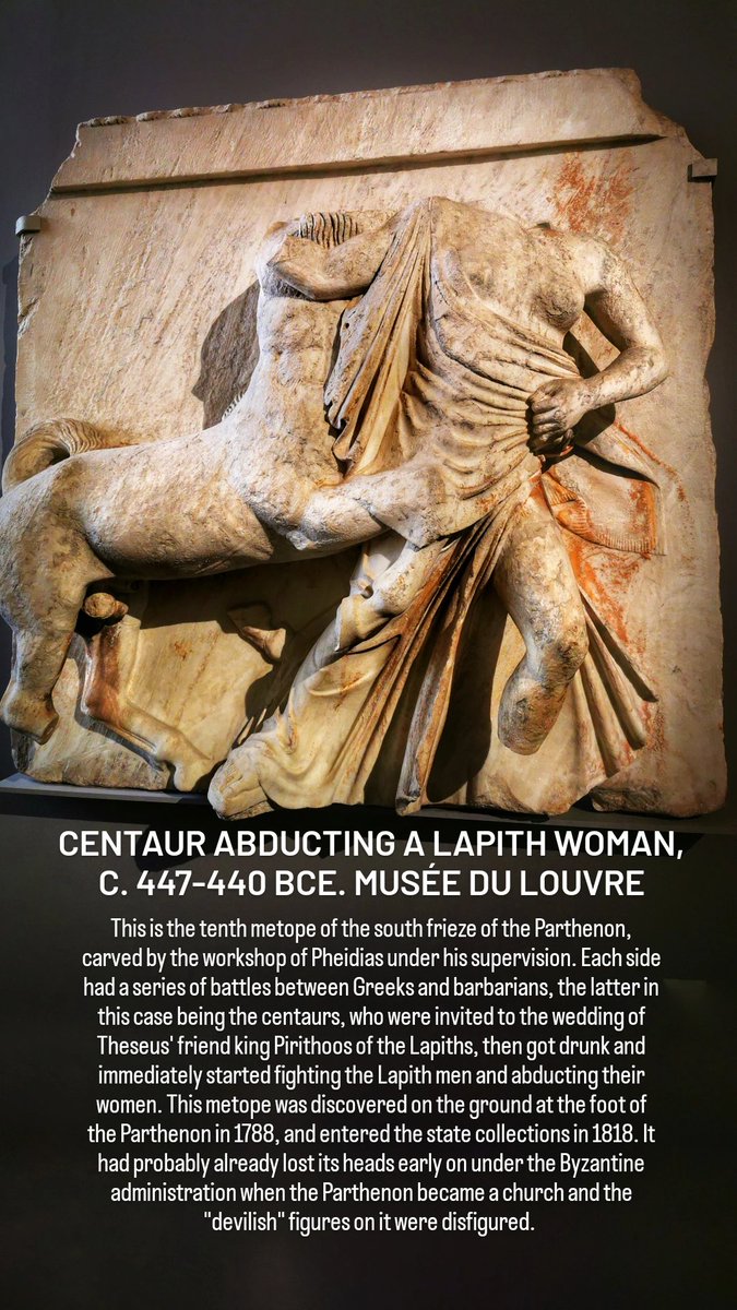 The British Museum didn't get all the #ParthenonMarbles, far from it. Here we have a scene of molestation on the chief temple of #Athens: this girl has already got a centaur's hoof groping her under her clothes. The #relief can be seen in #Paris, in the #Louvre.