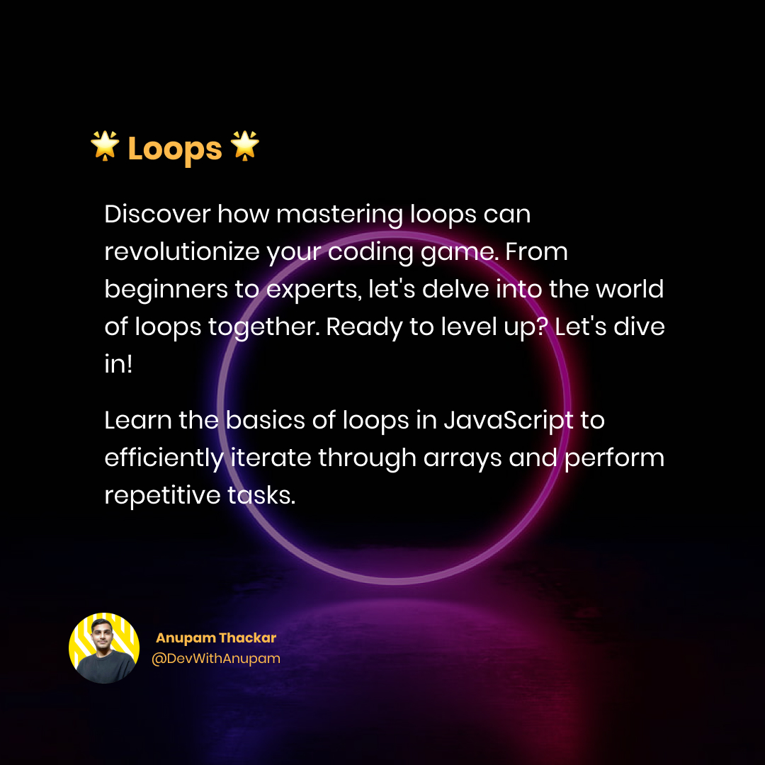 AnupamThackar67's tweet image. 🚀 Mastering JavaScript loops opens doors to efficient coding! Swipe through to learn the basics and elevate your programming skills!

#loopsinjavascript #webdevelopment #javascriptbasics #codinglife #learntocode #javascriptdeveloper #programmingtips #webdevworld #codenewbie